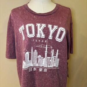 NWT Rebellious One Juniors' Tokyo Graphic Stonewash T-Shirt - Beaujolais Mineral